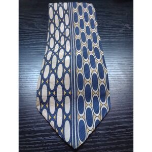 Geoffrey Beene Vintage Silk Necktie Italy Blue Tan Geometric Mod Retro Wide Tie